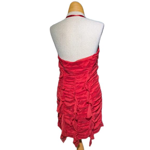 Vtg Y2K Bebe Red Silk Ruched Front Ruffle Detail Open Back Halter Dress Sz 8 - Picture 3 of 5